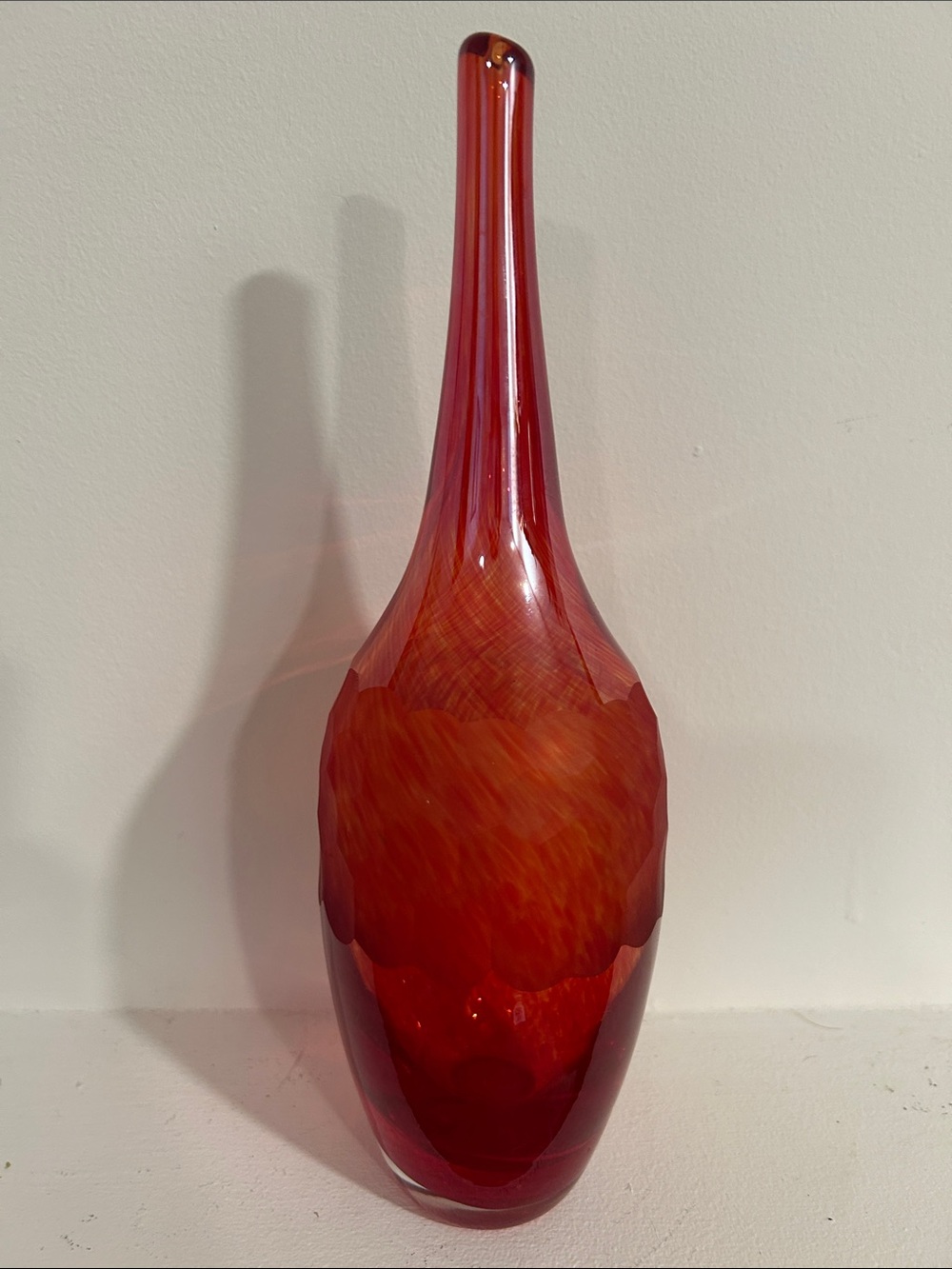 MCM Sommerso Handblown Ruby Red Feather Pattern Closed Top Vase